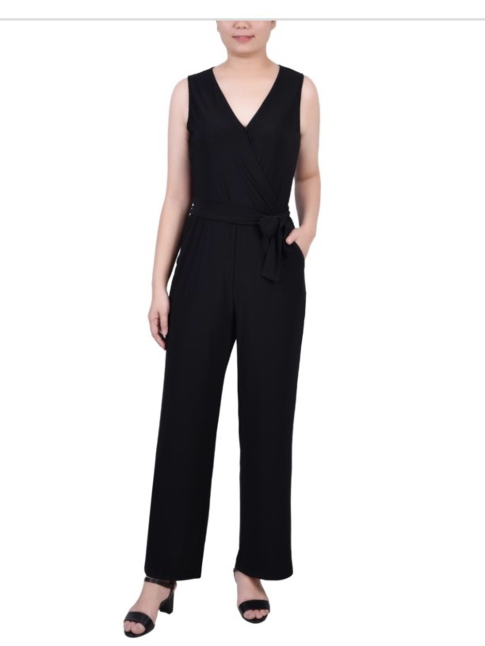 Ny Collection Petite Short Sleeveless Belted Jumpsuit - Black